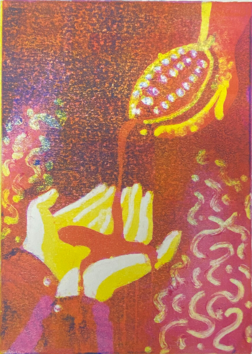 Where Does Your Chocolate Come From? varied edition, monoprint, 3” x 5”, 2024.