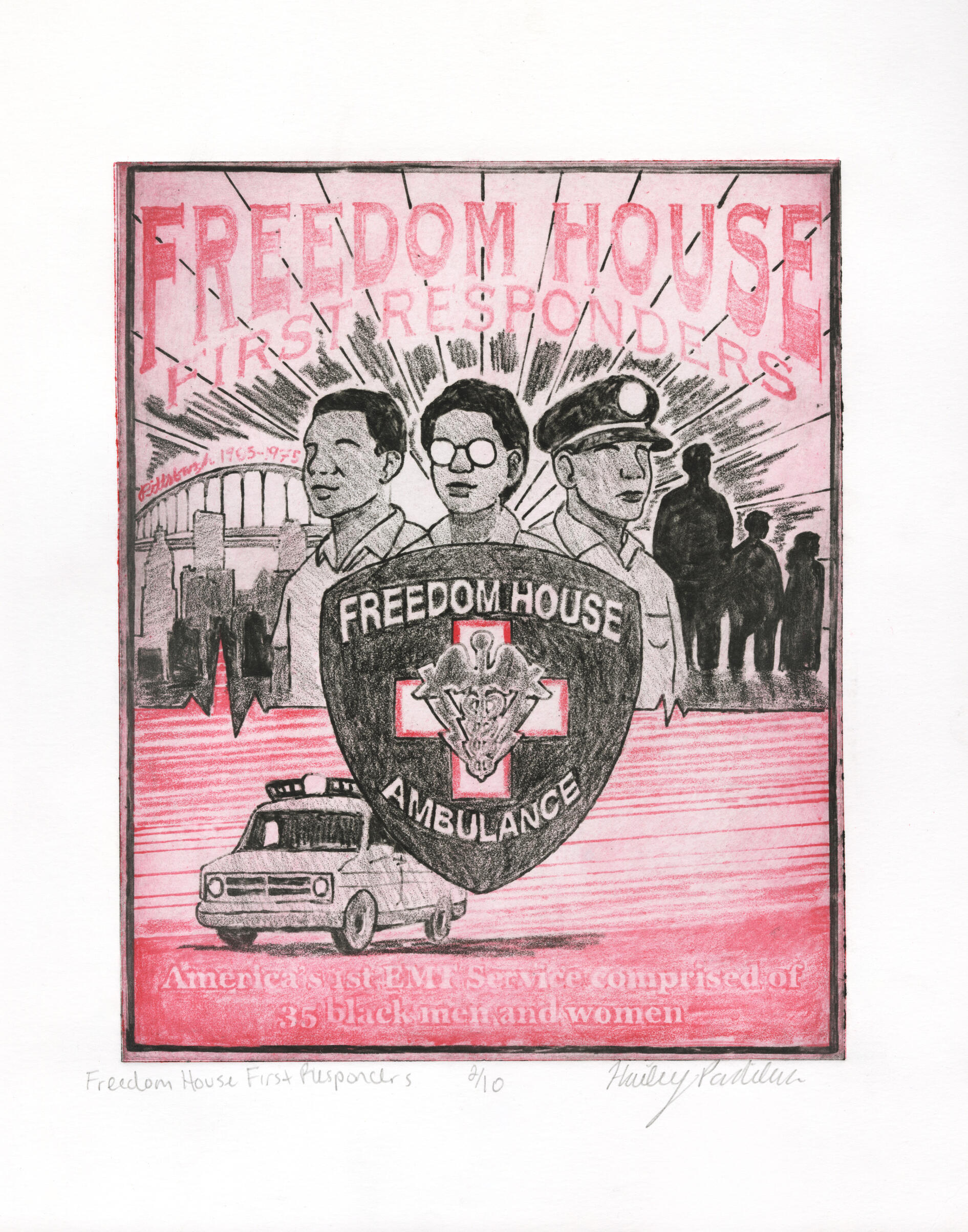 Freedom House First Responders, 2-plate photopolymer, 11” x 14”, 2025.